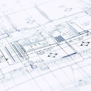 Blueprint-style architectural floor plan sketches in light blue and white