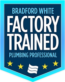 Bradford White Factory Trained plumbing professional badge in blue with yellow stars