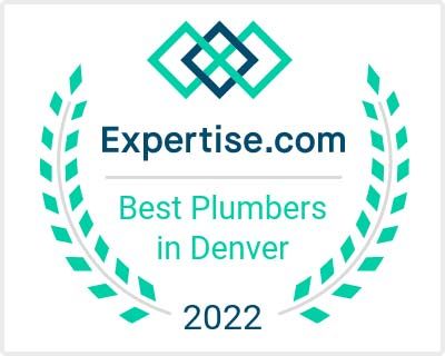 Expertise.com award badge: Best Plumbers in Denver 2022, teal laurel wreaths and logo