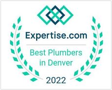 Expertise.com award badge: Best Plumbers in Denver 2022, teal laurel wreaths and logo