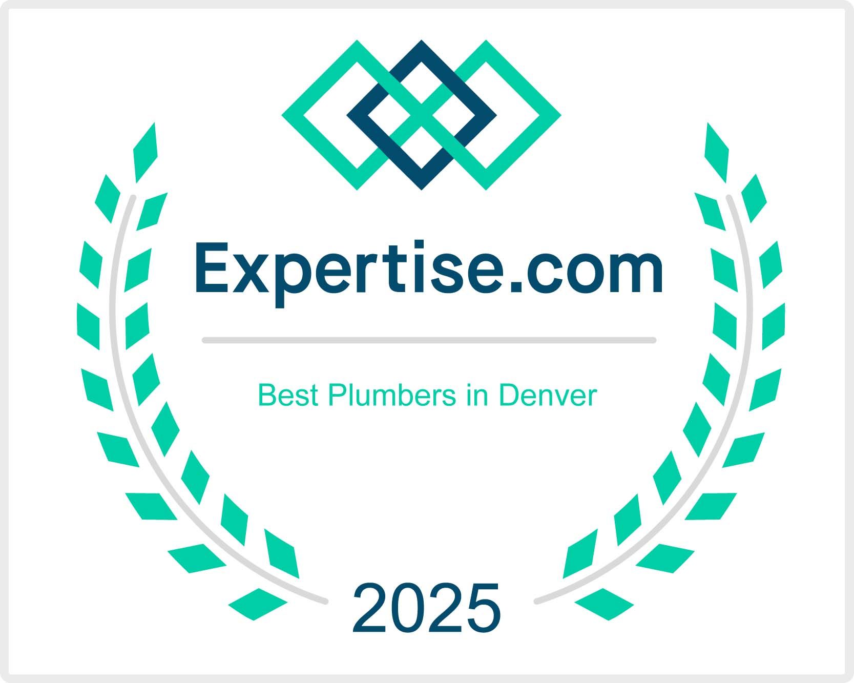 Expertise.com award badge with teal laurel wreath, “Best Plumbers in Denver,” and 2025