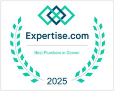 Expertise.com award badge with teal laurel wreath, “Best Plumbers in Denver,” and 2025