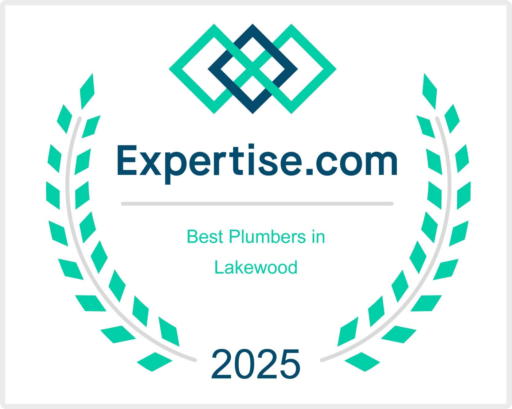 Expertise.com award badge for Best Plumbers in Lakewood, 2025, with teal laurel wreaths