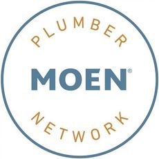 Moen Plumber Network circular logo in blue and gold on a white background