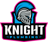 Knight Plumbing logo with a silver knight helmet, blue crest, and black-and-pink shield outline