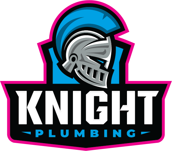 Knight Plumbing logo with a silver knight helmet, blue crest, and black-and-pink shield outline