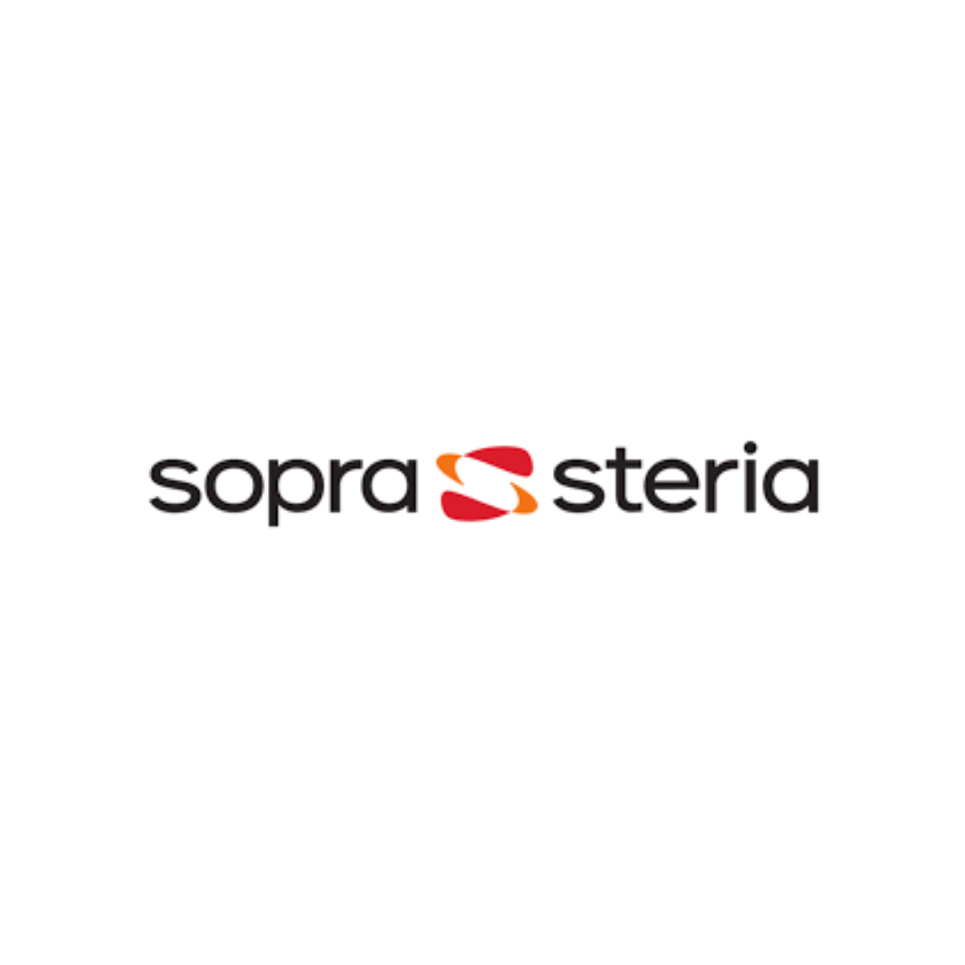 Sopra Steria logo: black text with a stylized red and orange symbol.