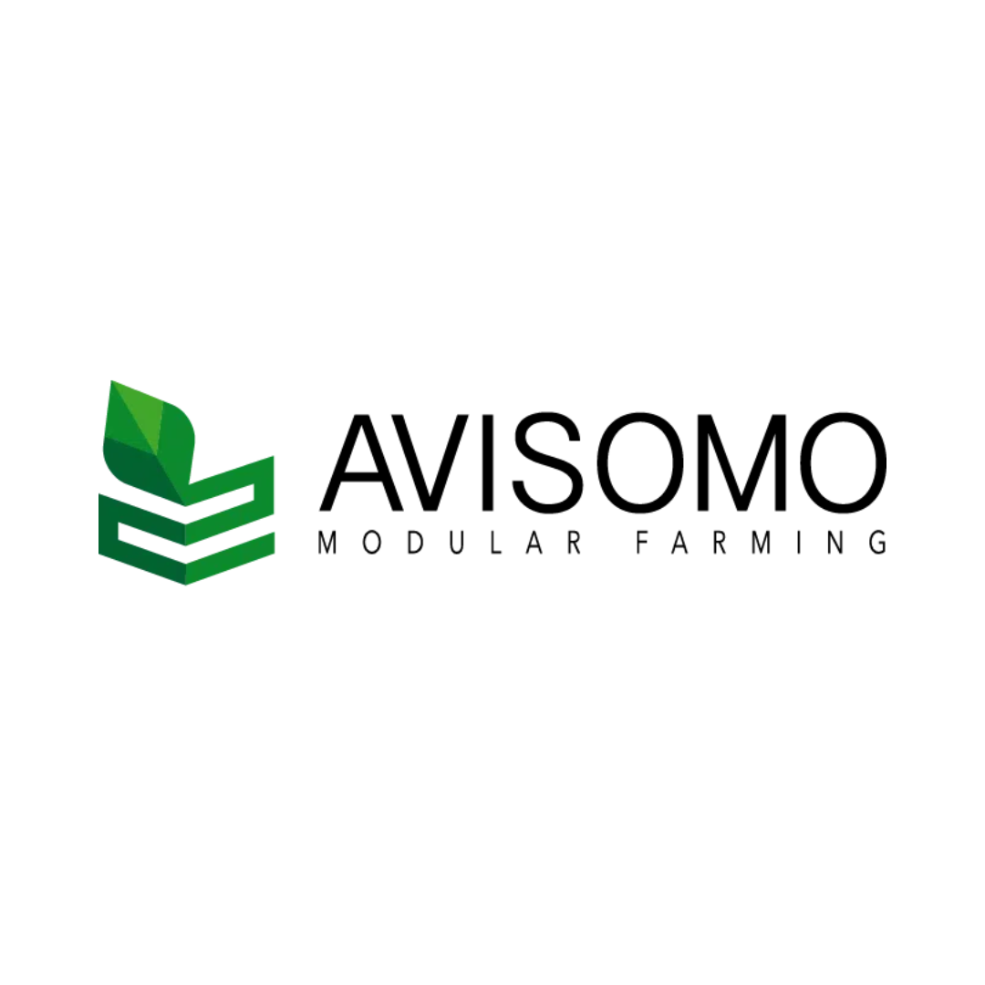 Logo for Avisomo Modular Farming, green leaf and box design with text.