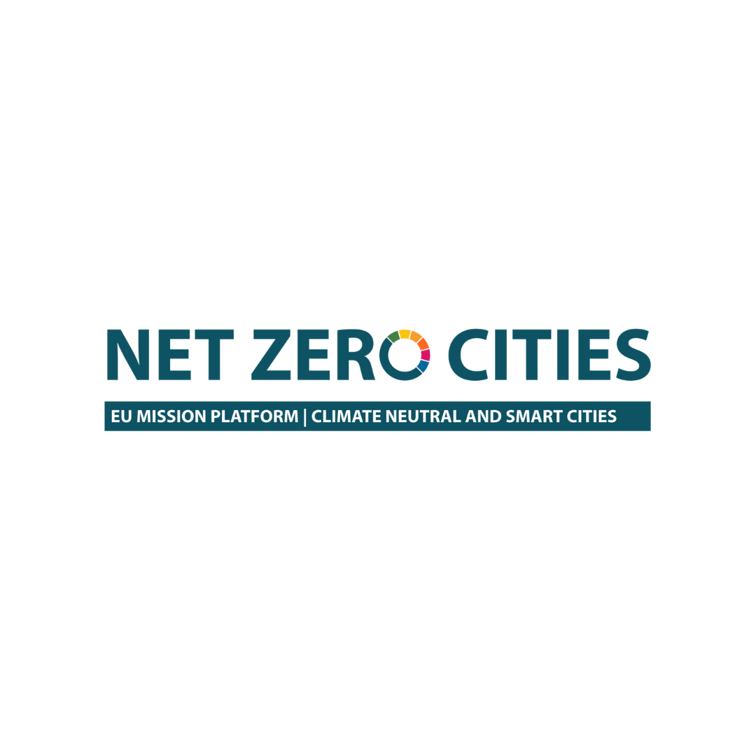 Logo for Net Zero Cities, with text and a colorful ring icon.