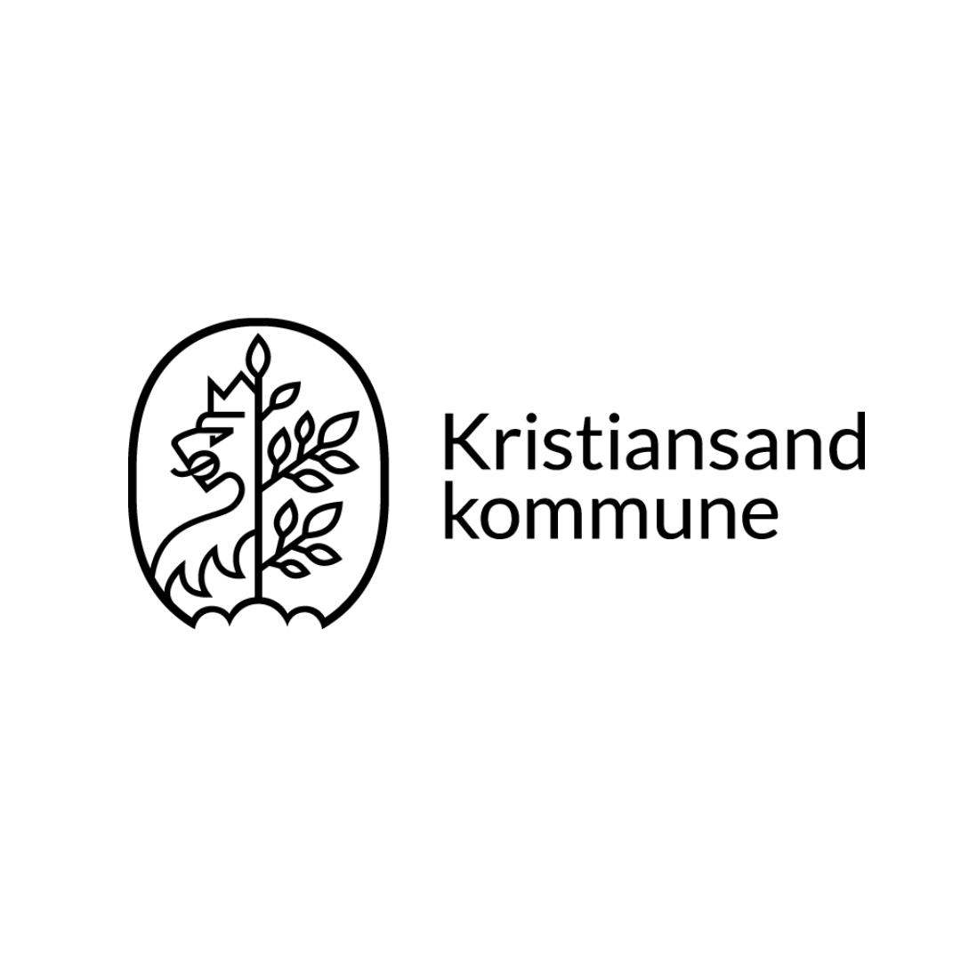 Logo for Kristiansand Kommune. Oval with a lion and leaves inside. Text