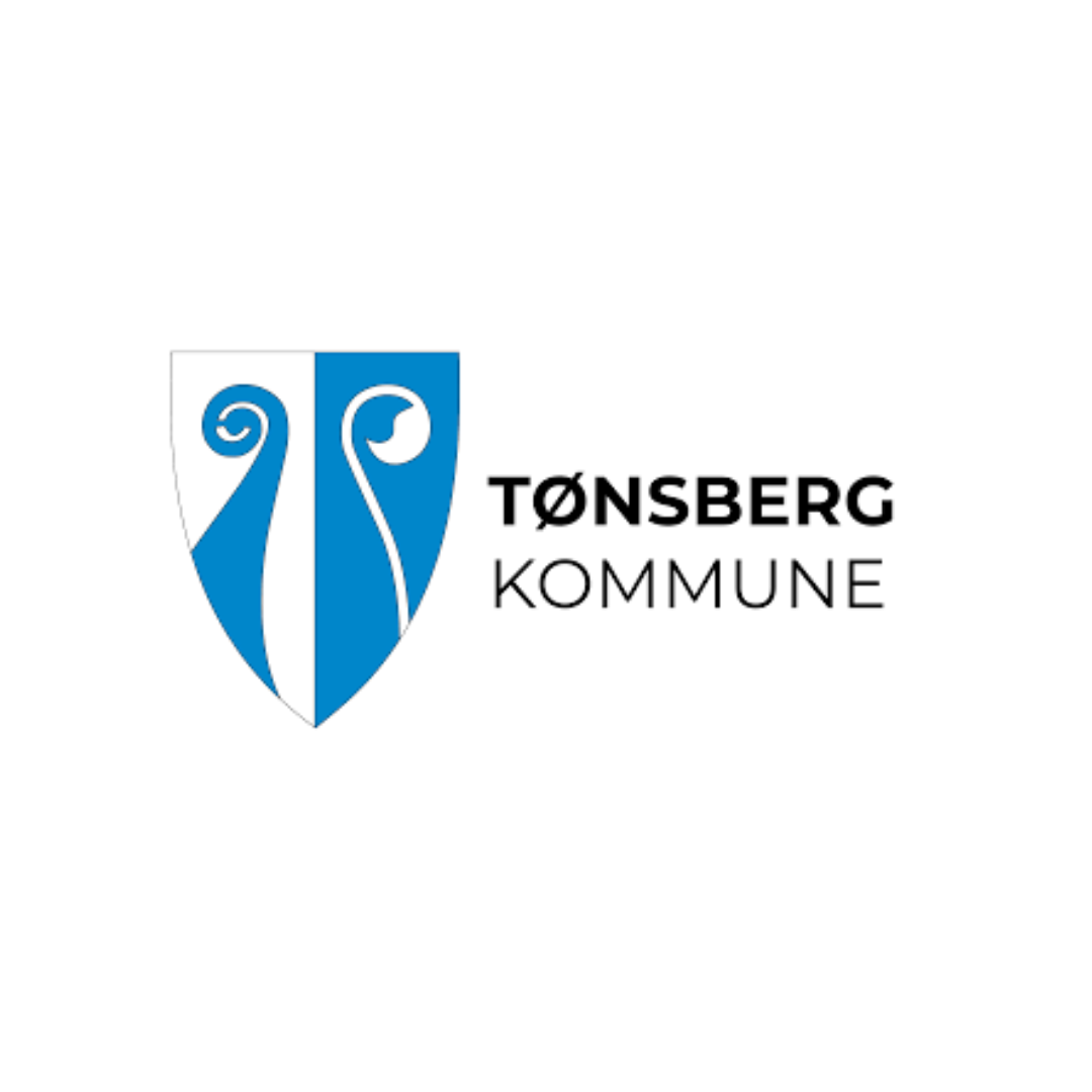 Coat of arms for Tønsberg, Norway: blue and white shield with stylized waves; text