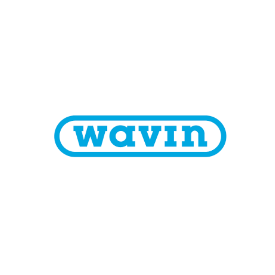 Wavin logo: Blue text within a blue capsule.