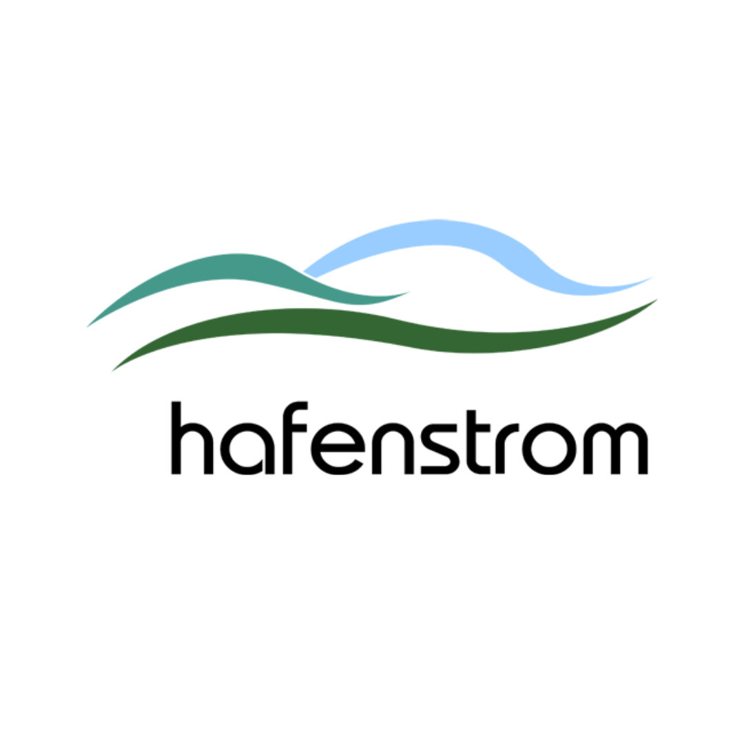 Logo with stylized mountain and water elements in shades of blue and green, with