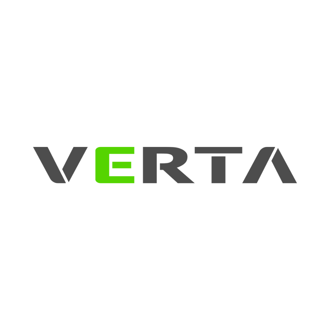 Logo for Verta with gray text and a green “E”.