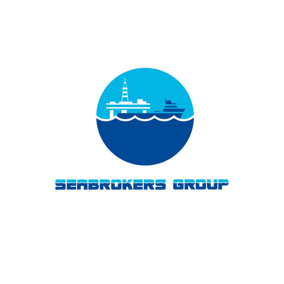 Logo with blue circle depicting an oil rig and ship at sea; text reads