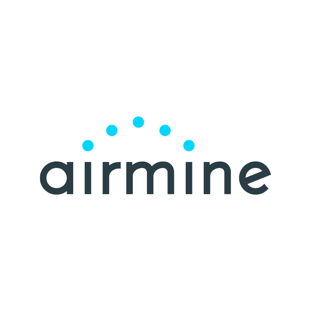 Logo for AirMine: dark gray wordmark below a light blue arc of five dots.