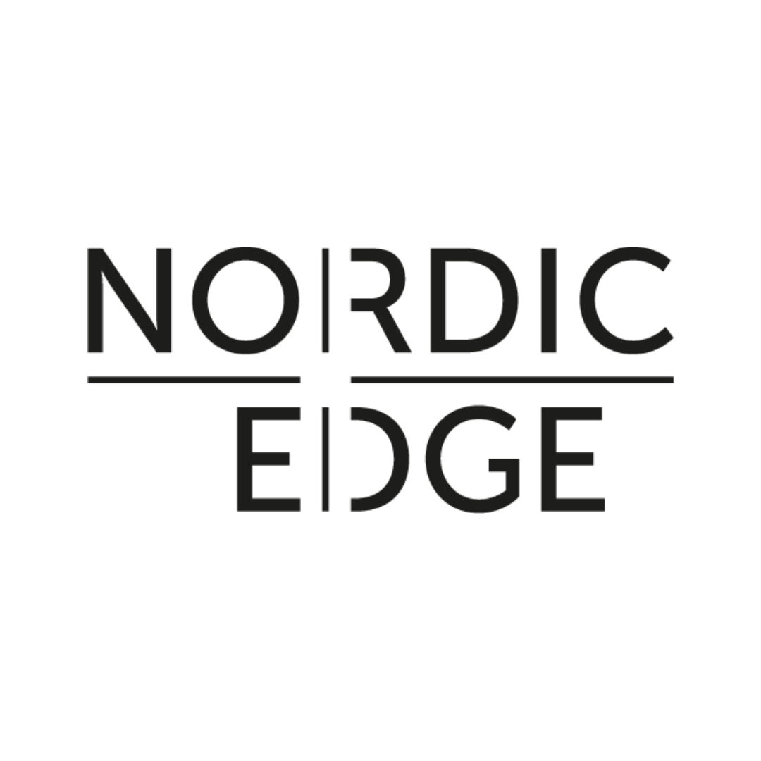 Nordic Edge logo: Black text with a cross design;