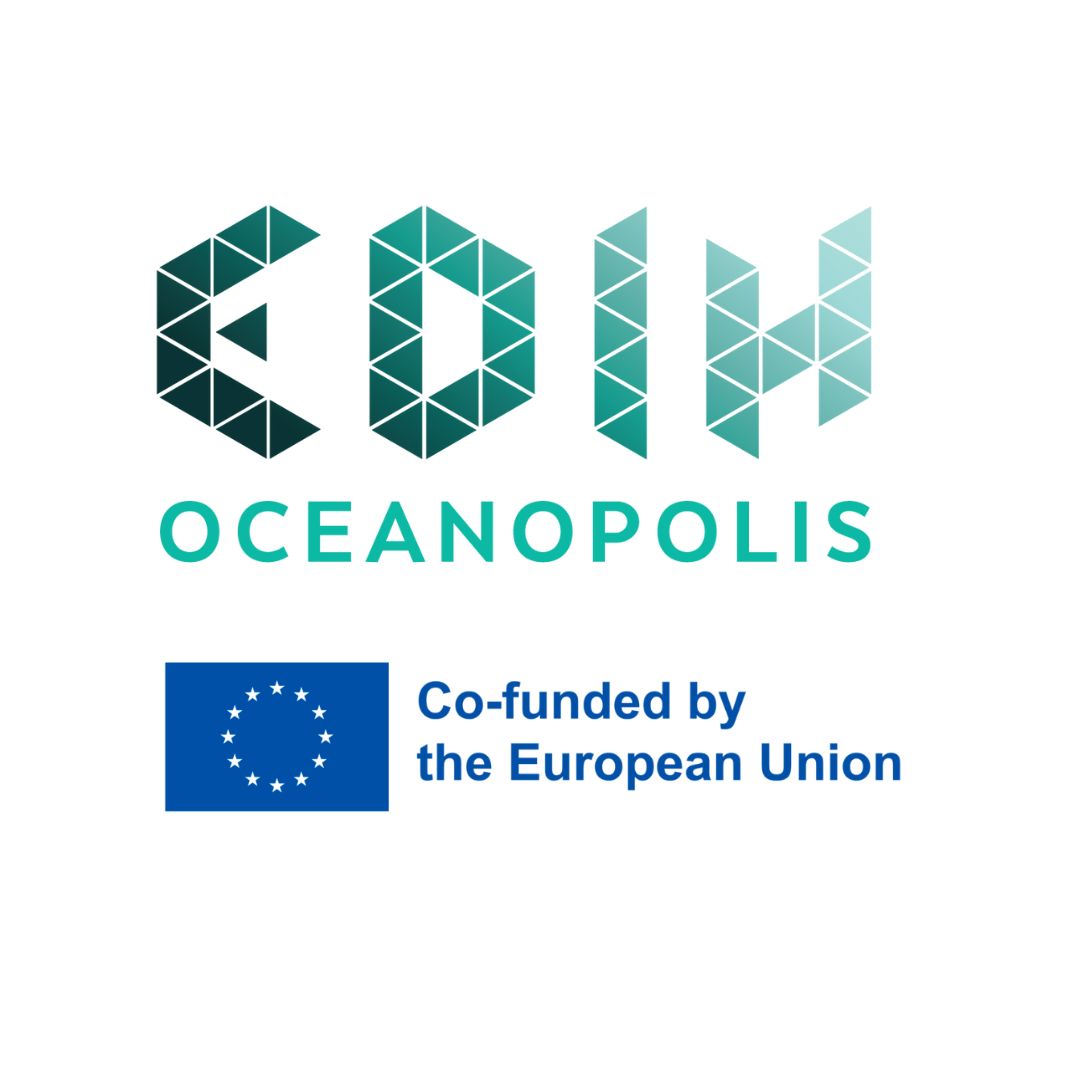 Logo for EDIN Oceanopolis, EU co-funded, with geometric teal text and EU flag.