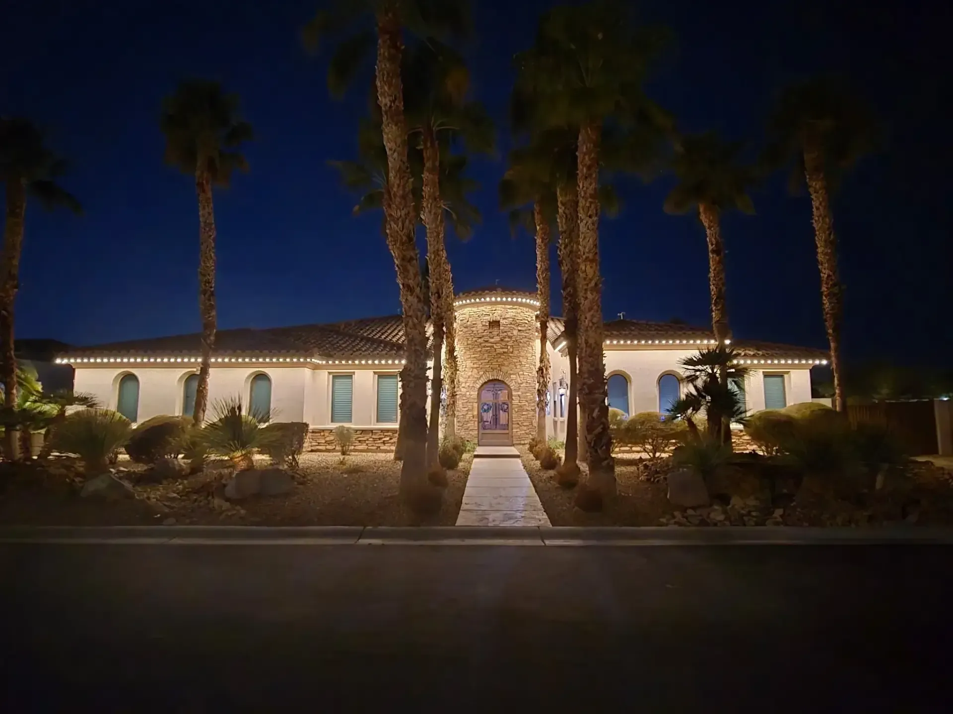 Home landscape with palm trees and outdoor lighting at night