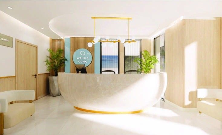 Azura Clinic reception desk with sculpted counter, designed by Levantine Healthcare