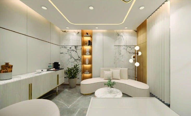 Azura Clinic VIP lounge with marble and timber finishes, interior design by Levantine Healthcare