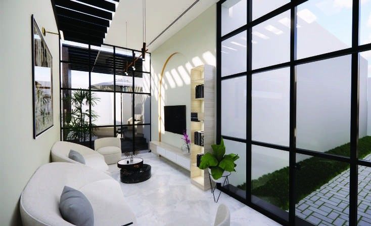Yugen Care residential-style living area with garden courtyard, designed by Levantine Healthcare