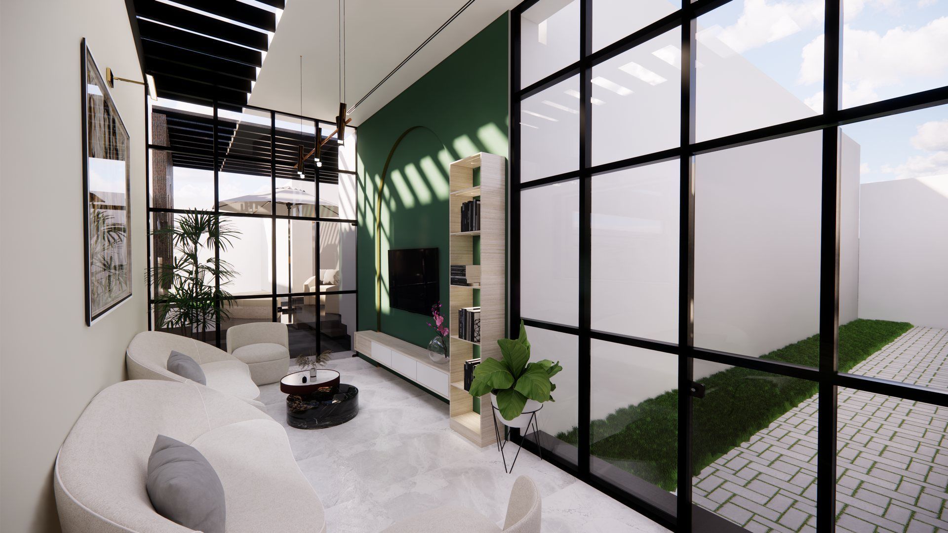 Yugen Care lounge with curved sofa and garden view, designed by Levantine Healthcare