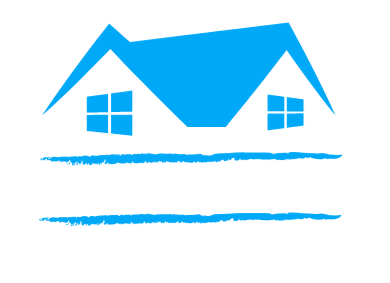 A blue icon of a house roof with two square windows, positioned above two horizontal brush-stroke lines.