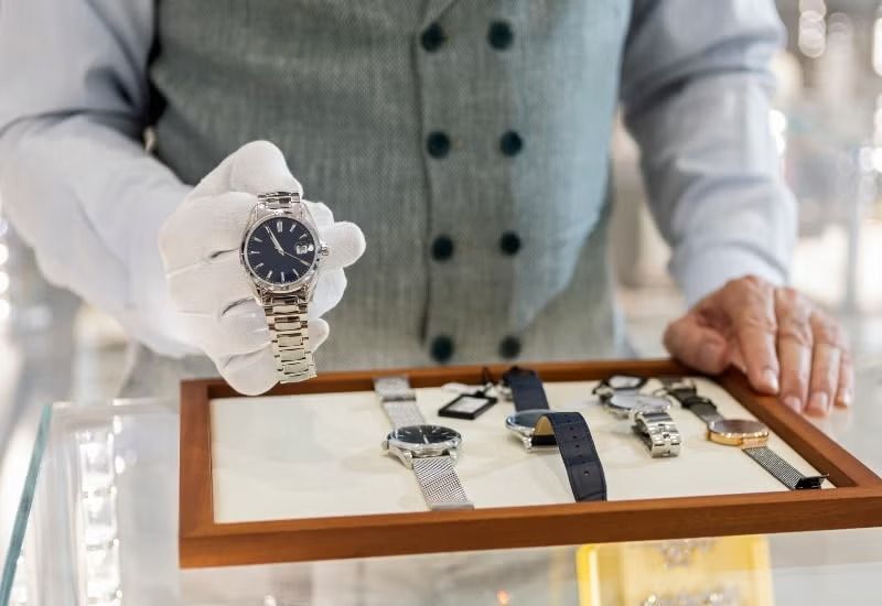 Gloved person displaying a wristwatch beside a tray of assorted watches in a shop