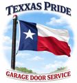 Texas Pride Garage Door Service logo with a waving Texas flag and blue sky background