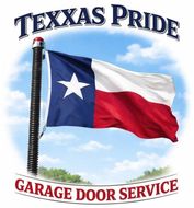 Texas Pride Garage Door Service logo with a waving Texas flag and blue sky background