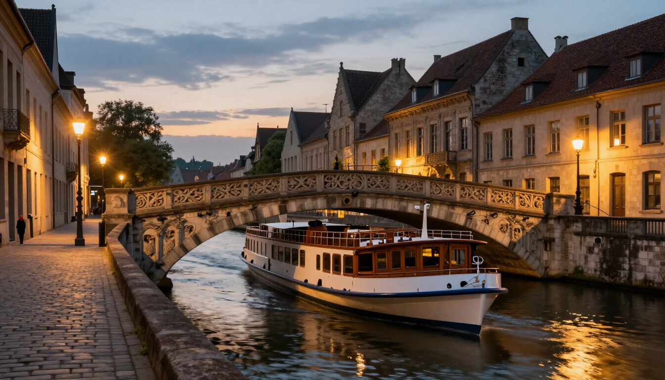 River cruise ship under stone bridge in European city