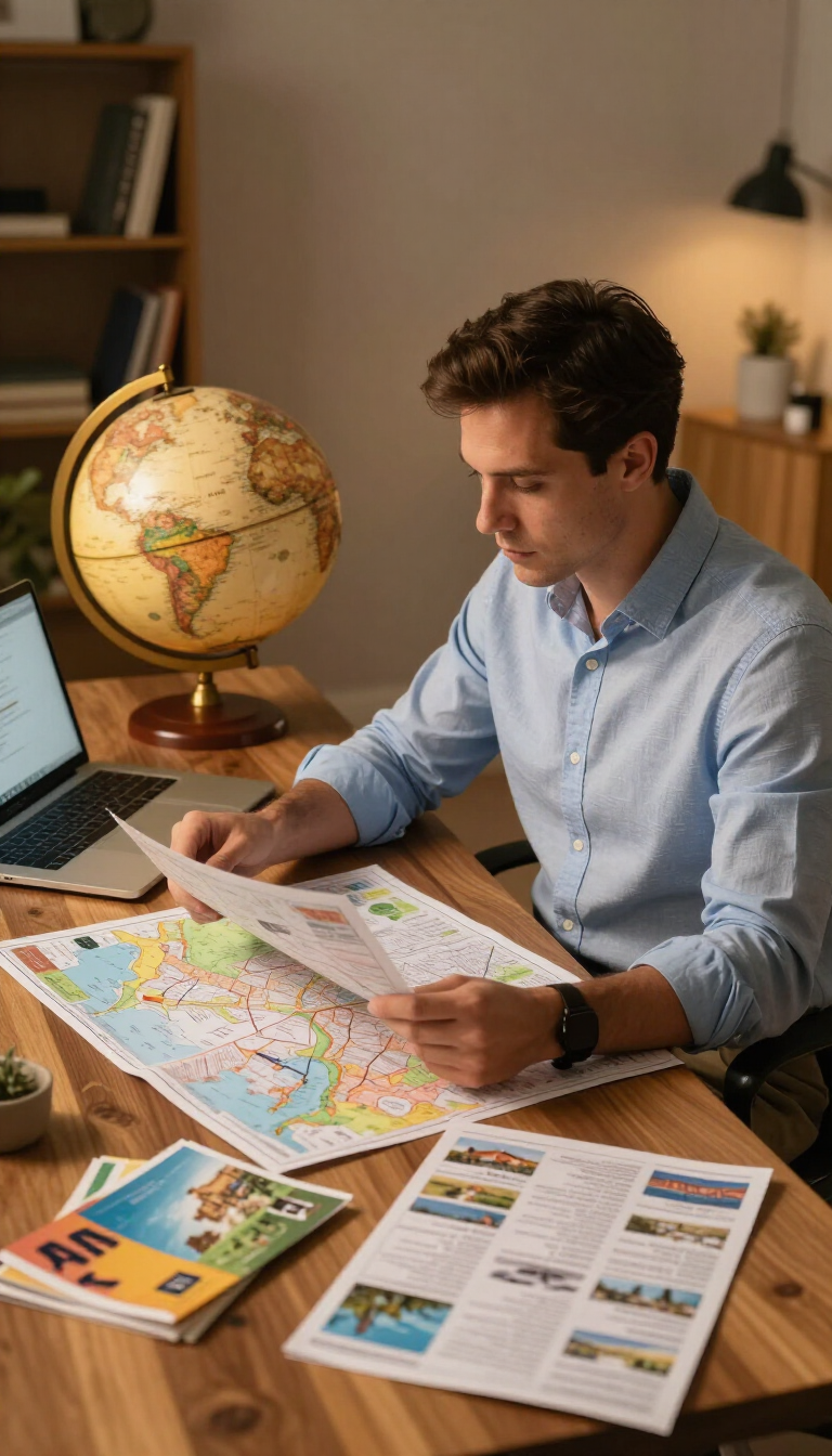 Travel advisor at desk reviewing itineraries