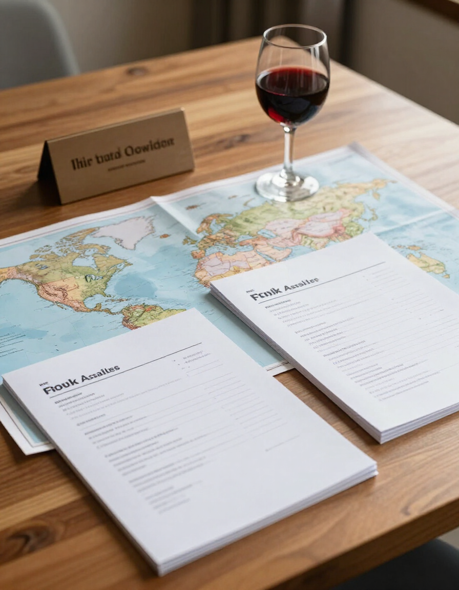 Travel planning desk with world map and wine