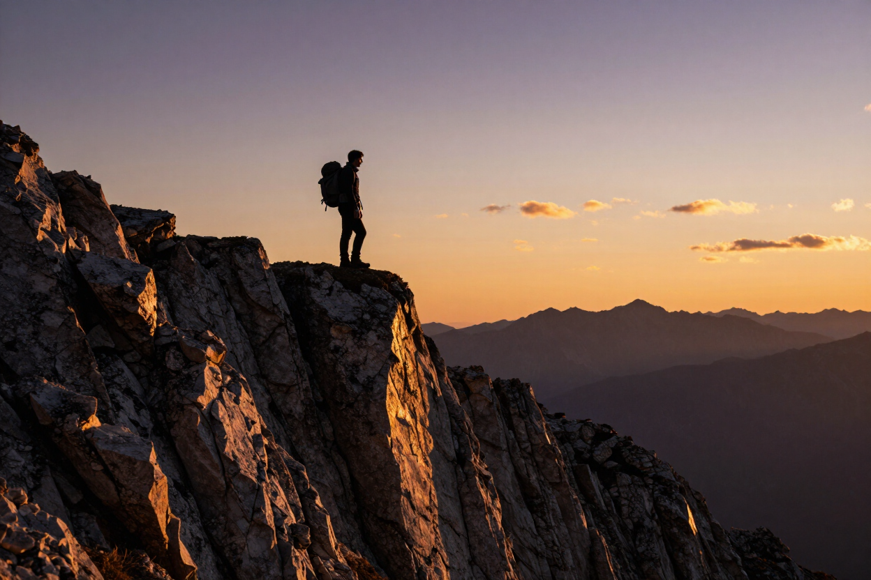 Hiker on mountain ridge at golden hour