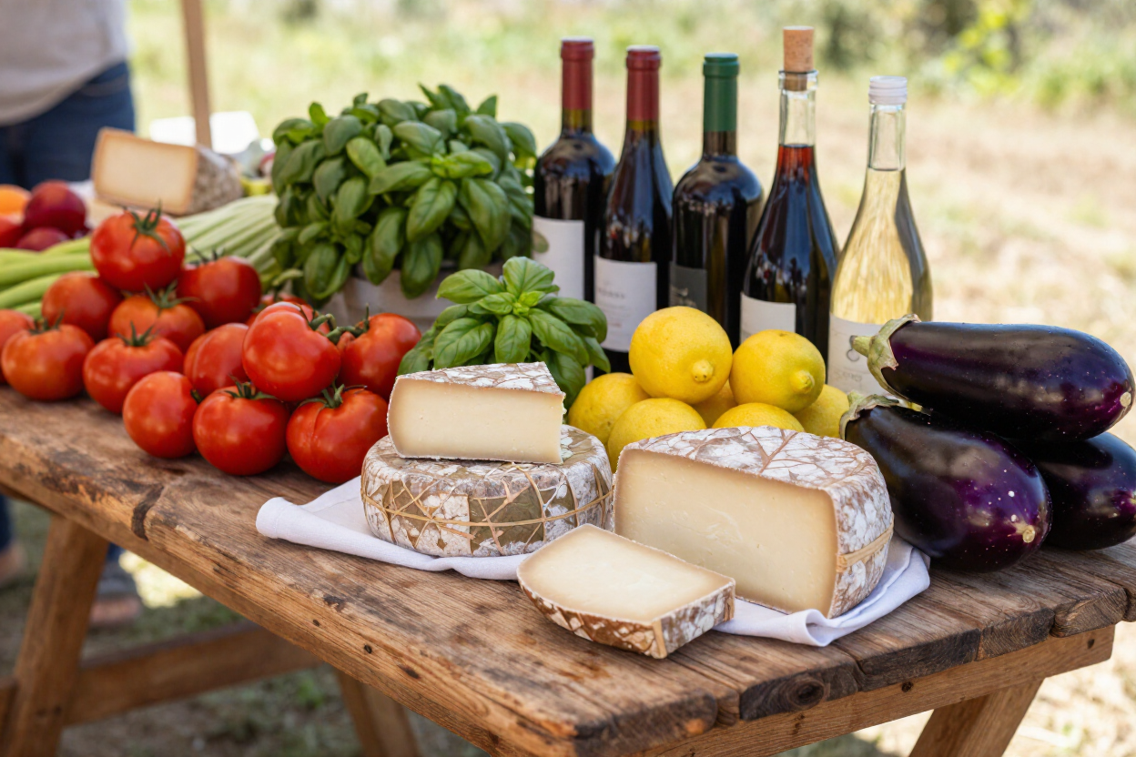 Italian market table with food and wine