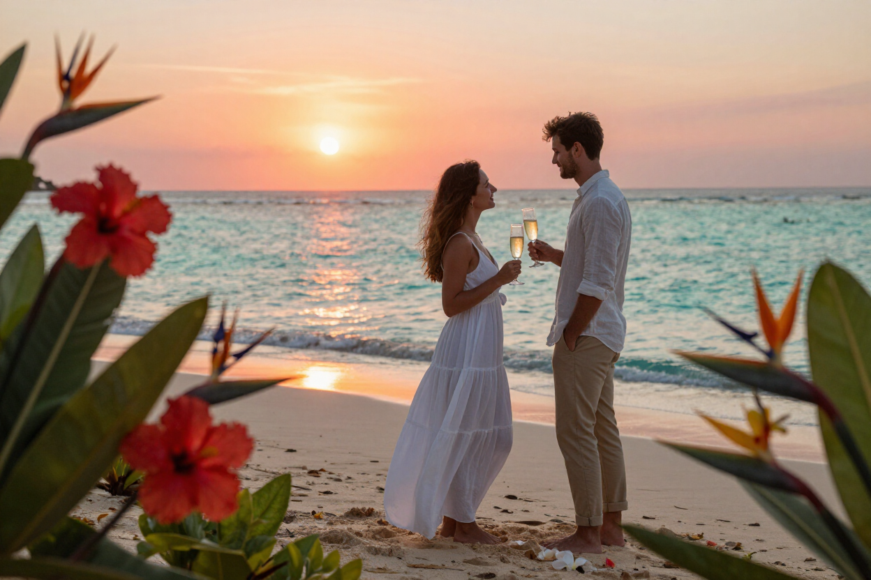 Couple on private beach at sunset