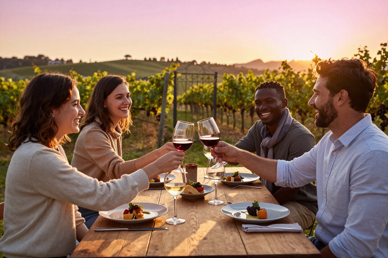 Group toasting at vineyard dinner