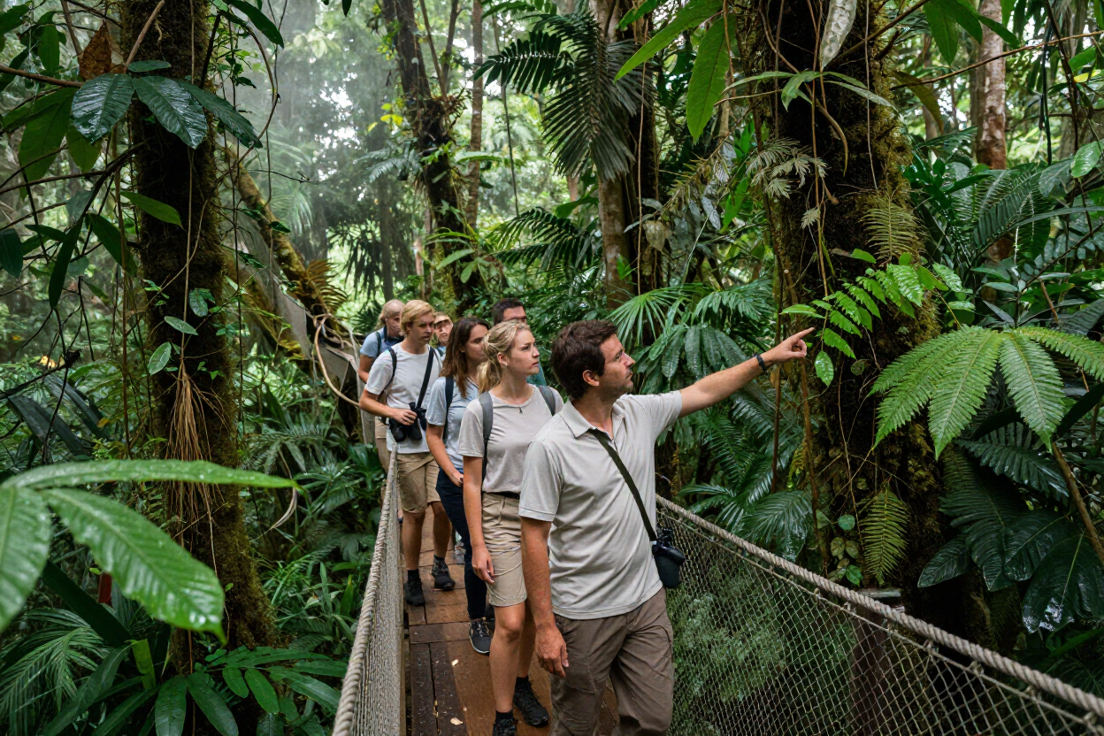 Guide leading group through rainforest canopy