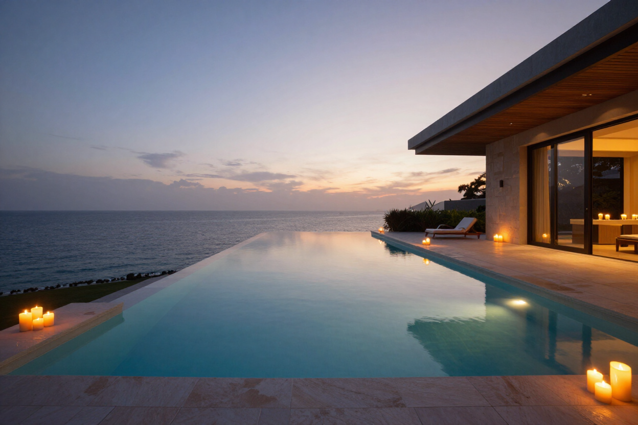 Private infinity pool villa at dusk