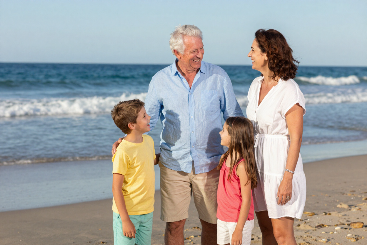 Multi-generational family on sunny beach