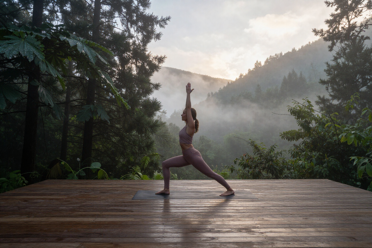 Traveler doing yoga on deck overlooking misty mountains