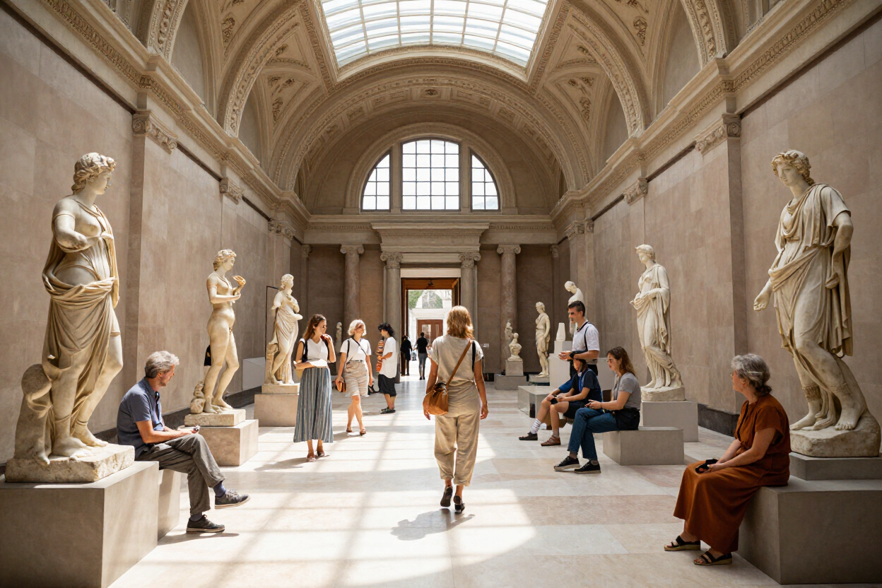 Visitors in European museum with skylight