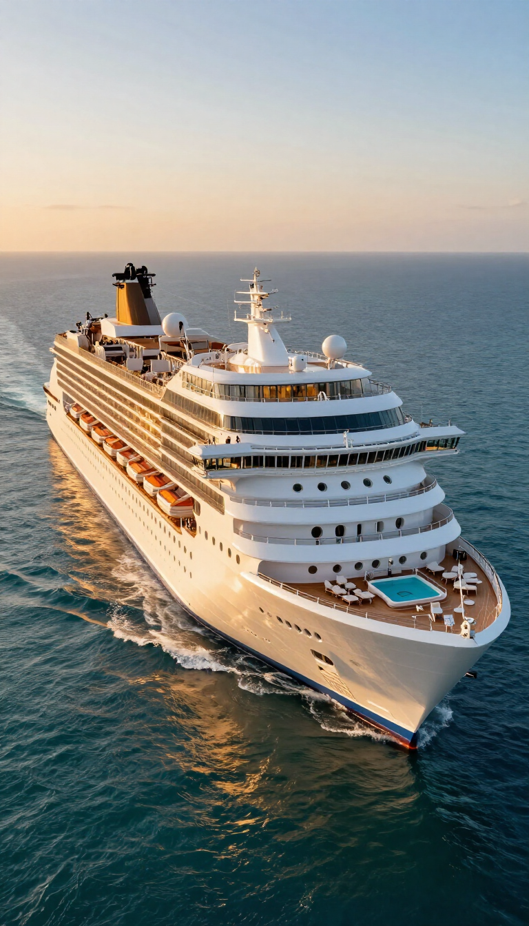 Luxury cruise ship at golden hour