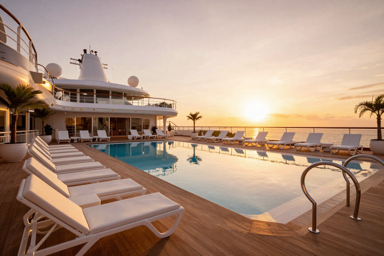 Luxury cruise ship pool deck at sunset