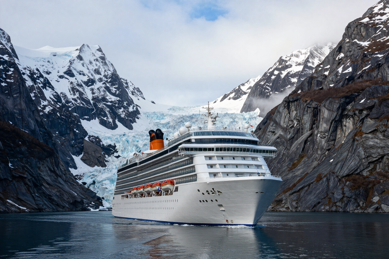 Cruise ship in Alaskan glacier fjord