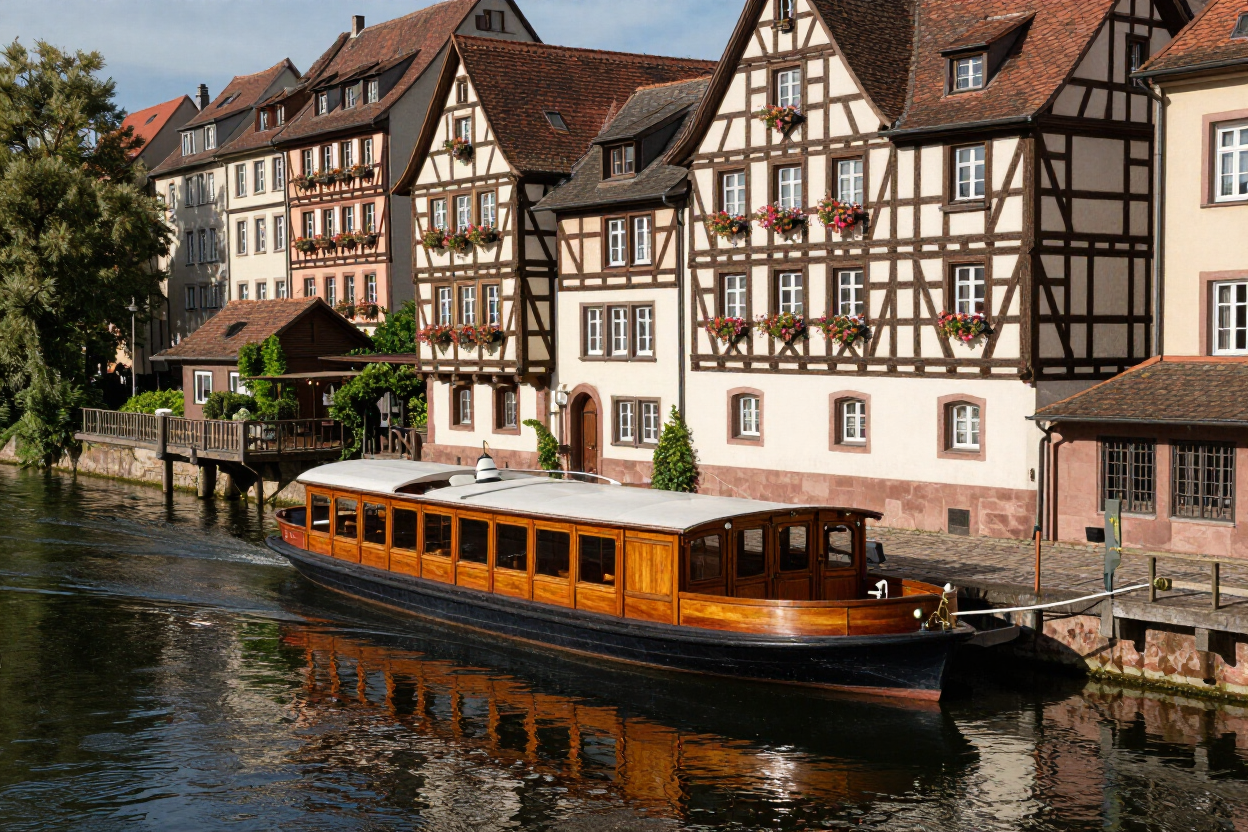 Riverboat at German half-timbered town