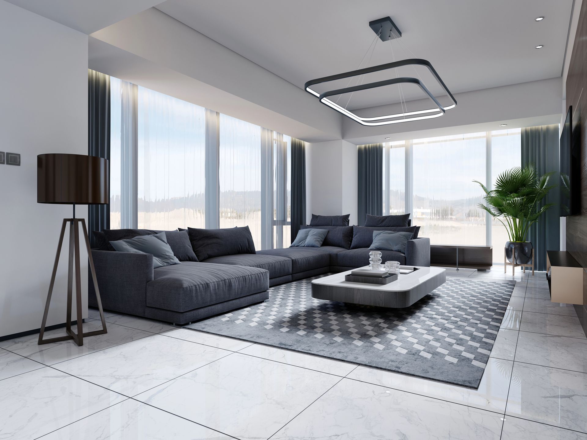 Modern living room with dark sectional sofa, geometric rug, floor lamp, and large windows with city view