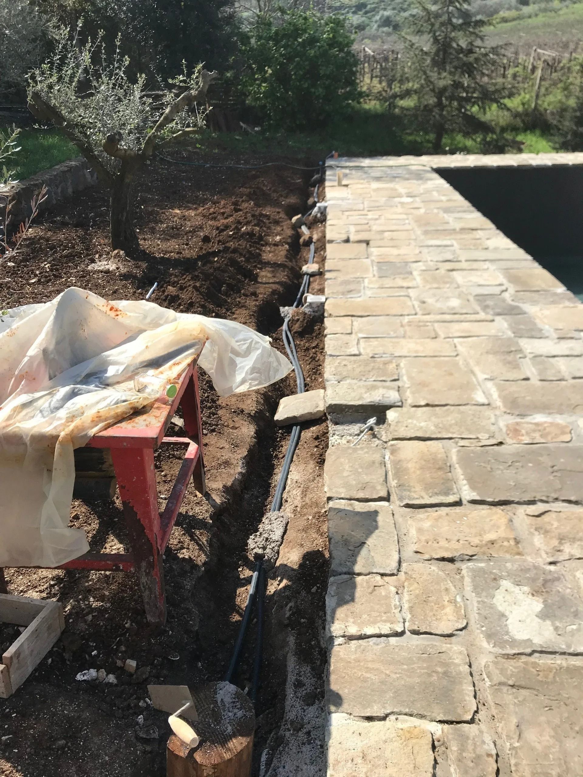 Stone pool deck beside garden bed, with a covered wheelbarrow and a pool edge visible.