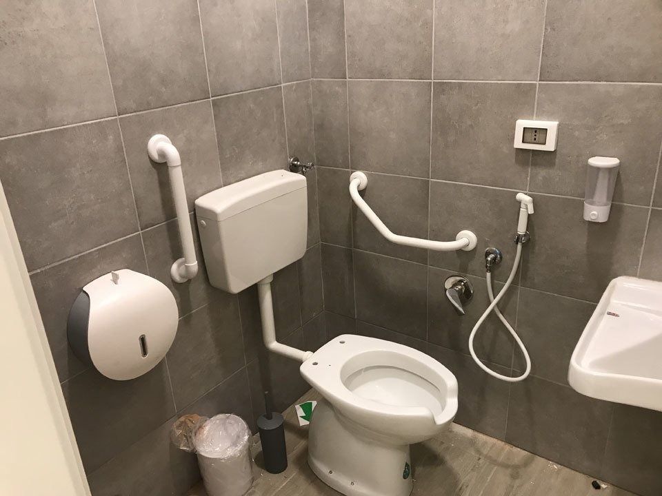 Accessible bathroom with wall-mounted toilet, grab bars, and handheld shower next to a sink.